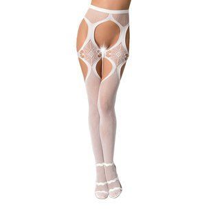 Еротичні колготки-бодістокінги Passion S023 One Size, White, імітація панчіх з ромбами та пояском, Білий, Універсальний