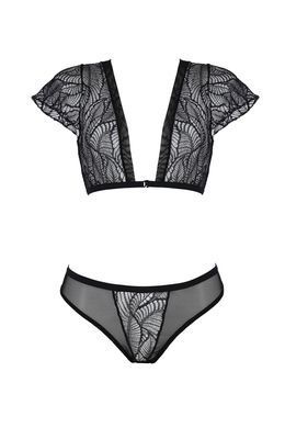 Комплект Passion LEAFA BIKINI black S/M, бюстгальтер-топ с рукавчиками, стринги-шортики с вырезом