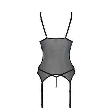 Корсет с подвязками и ажурным лифом Christa Corset black L/XL — Passion, стринги в комплекте, Черный