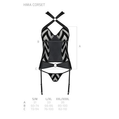 Сетчатый комплект с узором Hima Corset black L/XL - Passion, корсет с халтером, подвязки, трусики, Черный