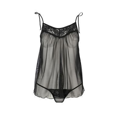 Сорочка прозора бебі дол Passion MELANIA CHEMISE S/M, black, трусики, на тонких бретелях, S/M, S/M