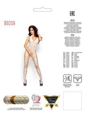 Бодістокінг Passion BS009 white, комбінезон, квітковий узор, декольте, закрите горло, Універсальний, Білий