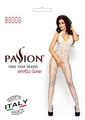 Бодістокінг Passion BS009 white, комбінезон, квітковий узор, декольте, закрите горло, Універсальний, Білий