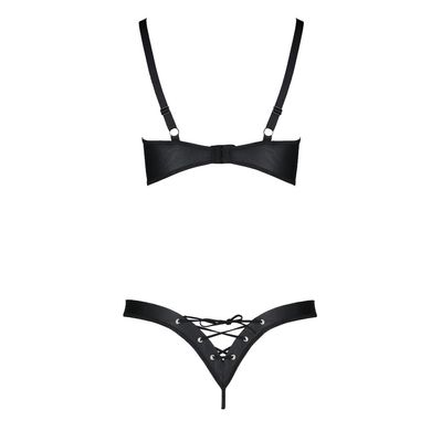 Комплект из экокожи Passion Celine Bikini 4XL/5XL black, открытый бра, стринги со шнуровкой
