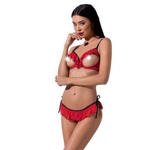 Комплект білизни Passion Exclusive CHERRY SET OpenBra XXL/XXXL red, відкритий ліф, трусики-спідничка, XXL/XXXL, XXL/XXXL