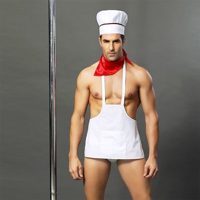 Мужской эротический костюм повара "Умелый Джек" One Size S/M: слипы, фартук, платок и колпак, Белый/красный, S/M