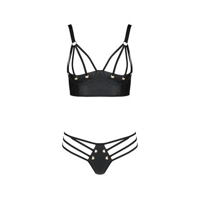 Комплект з екошкіри з люверсами та ремінцями Malwia Bikini black S/M — Passion, бра та трусики, Чорний