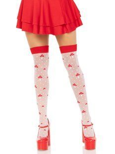 Чулки Leg Avenue Polka Dot Mushroom Thigh Highs, One Size, бело-красные, на резинке, рисунок &mdash; грибы
