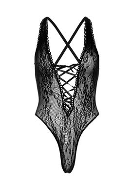 Кружевное боди Leg Avenue Floral lace thong teddy Black, шнуровка на груди, one size