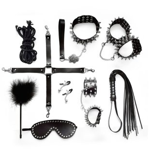 BDSM-набір Art of Sex – Spikes BDSM Set Leather, 10 предметів, чорний, натуральна шкіра