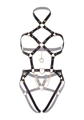 Портупея-тедді з екошкіри Leg Avenue Heart ring harness teddy S Black, підвіска-сердечко, ланцюги
