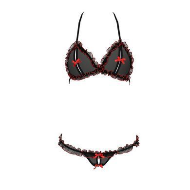 Комплект білизни Passion GIANA BIKINI XXL/XXXL, black, напівпрозорі ліф і трусики з бантиками, Чорний, XXL/XXXL, Чорний