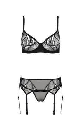 Комплект Passion LEAFA SET black, L/XL, мереживо+сітка, бюстгальтер на кісточках, стрінги, пояс для панчіх