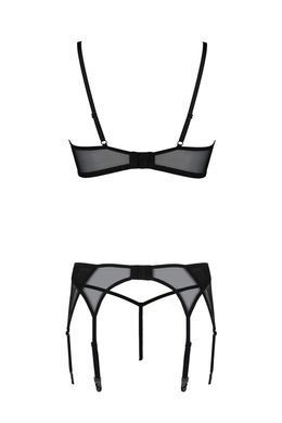 Комплект Passion LEAFA SET black, L/XL, мереживо+сітка, бюстгальтер на кісточках, стрінги, пояс для панчіх