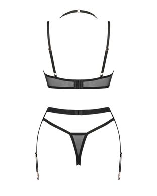 Комплект білизни Obsessive Selinne 3-pcs set XL/2XL Black, бюстгальтер, стрінги пояс для панчіх