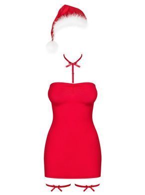 Новогодняя сорочка Obsessive Kissmas chemise, L/XL, красная, чокер, гартеры и шапочка с помпоном