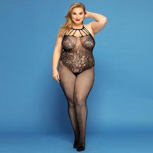Сетчатый бодистокинг JSY &laquo;Откровенная Мадлен&raquo; Plus Size, Black, имитация боди, кружево, доступ