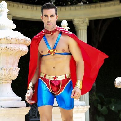 Мужской эротический костюм супермена "Готовый на всё Стив" One Size: плащ, портупея, шорты, манжеты, Синий/красный, S/M