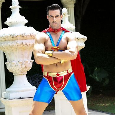 Мужской эротический костюм супермена "Готовый на всё Стив" One Size: плащ, портупея, шорты, манжеты, Синий/красный, S/M