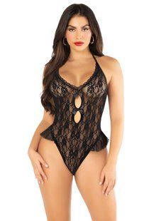 Боди с открытой спиной и рюшами на бедрах Leg Avenue Lace Floral Lace Halter Teddy One Size, Black