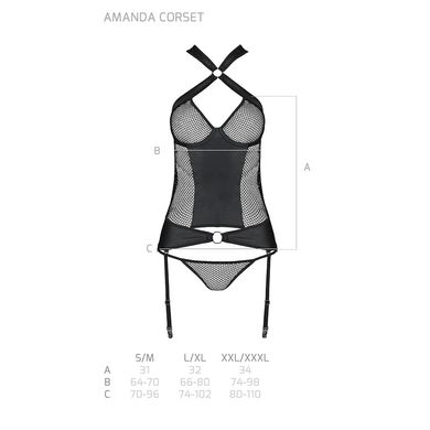 Сітчастий комплект корсет з халтером, зйомні підв'язки та трусики Amanda Corset black L/XL - Passion, Чорний