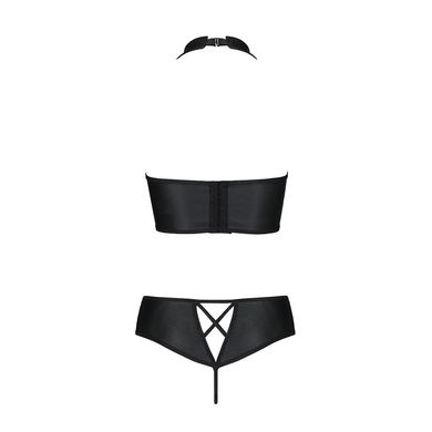 Комплект з еко-шкіри Nancy Bikini black S/M - Passion, бра та трусики з імітацією шнурівки, Чорний