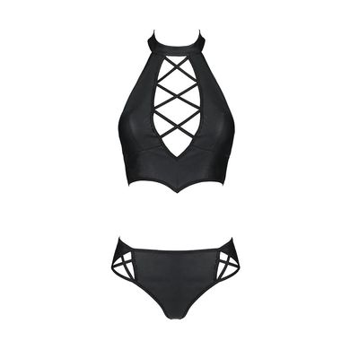 Комплект з еко-шкіри Nancy Bikini black S/M - Passion, бра та трусики з імітацією шнурівки, Чорний