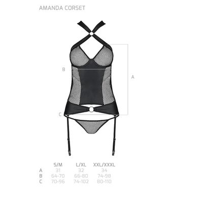 Сетчатый комплект корсет с халтером, съемные подвязки и трусики Amanda Corset black S/M - Passion, Черный