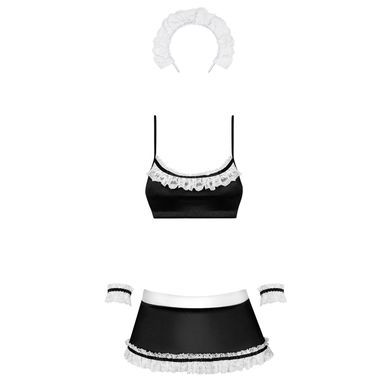 Атласный эротический костюм горничной Obsessive Maid set S/M, black, топ, юбка, стринги, манжеты, об