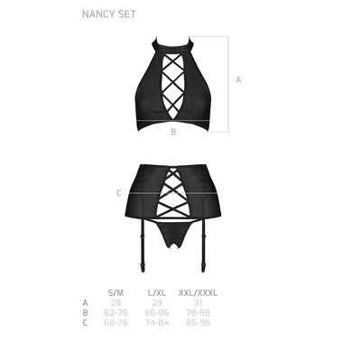 Комплект з еко-шкіри з імітацією шнурівки Nancy Set black L/XL - Passion топ, трусики та пояс для па, Чорний