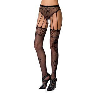 Сітчасті панчохи-стокінги Passion S016 One Size, Black, імітація ажурного пояса з гартерами, Чорний, Універсальний