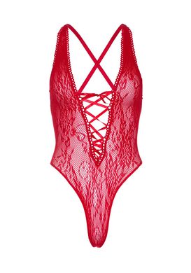 Кружевное боди Leg Avenue Floral lace thong teddy Red, шнуровка на груди, one size