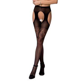 Колготки-бодістокінги з відкритим доступом Passion S017 One Size, Black, імітація панчіх та пояса, Чорний, Універсальний
