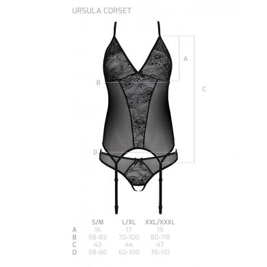 Корсет с пажами, трусики с ажурным декором и открытым шагом Ursula Corset black L/XL — Passion, Черный