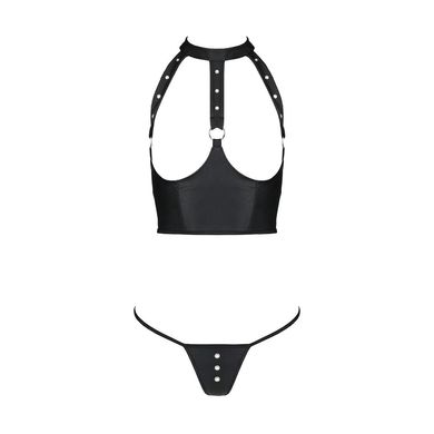Комплект білизни з відкритими грудьми Passion GENEVIA SET WITH OPEN BRA S/M black, корсет, стрінги