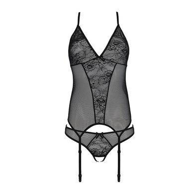 Корсет с пажами Passion URSULA CORSET XXL/XXXL, Black, трусики с ажурным декором и открытым шагом, Черный