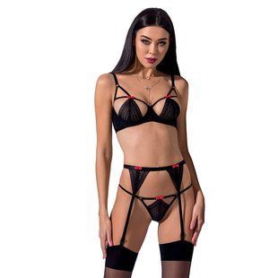 Розпродаж! Комплект білизни PERDITA SET black L/XL - Passion: стрепи: ліф, стрінги і пояс для панчох, L/XL, L/XL