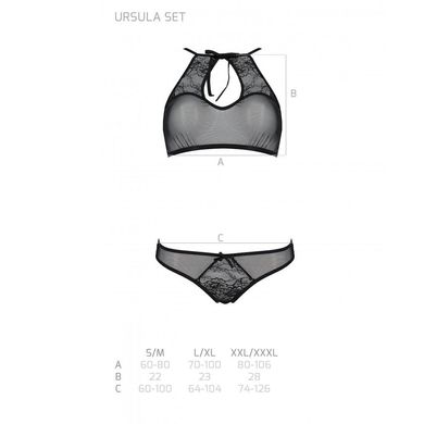 Комплект: бра, трусики з ажурним декором та відкритим кроком Ursula Set black L/XL — Passion, Чорний