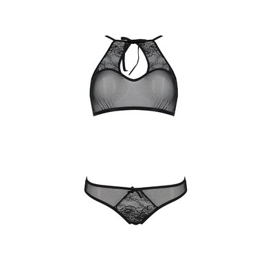 Комплект: бра, трусики з ажурним декором та відкритим кроком Ursula Set black S/M — Passion, Чорний