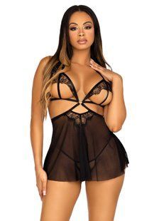 Сорочка беби-долл с открытыми чашками Leg Avenue Lace and mesh babydoll & panty Black S, стринги