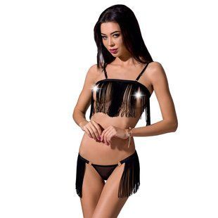 Комплект білизни Passion Exclusive KASSANDRA SET OpenBra L/XL black, ліф з бахроми, трусики-спідниця, L/XL, L/XL