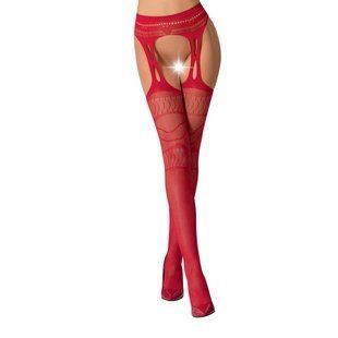 Сітчасті панчохи-стокінги Passion S020 One Size, Red, ажурний візерунок, імітація пояса з гартерами, Червоний, Універсальний
